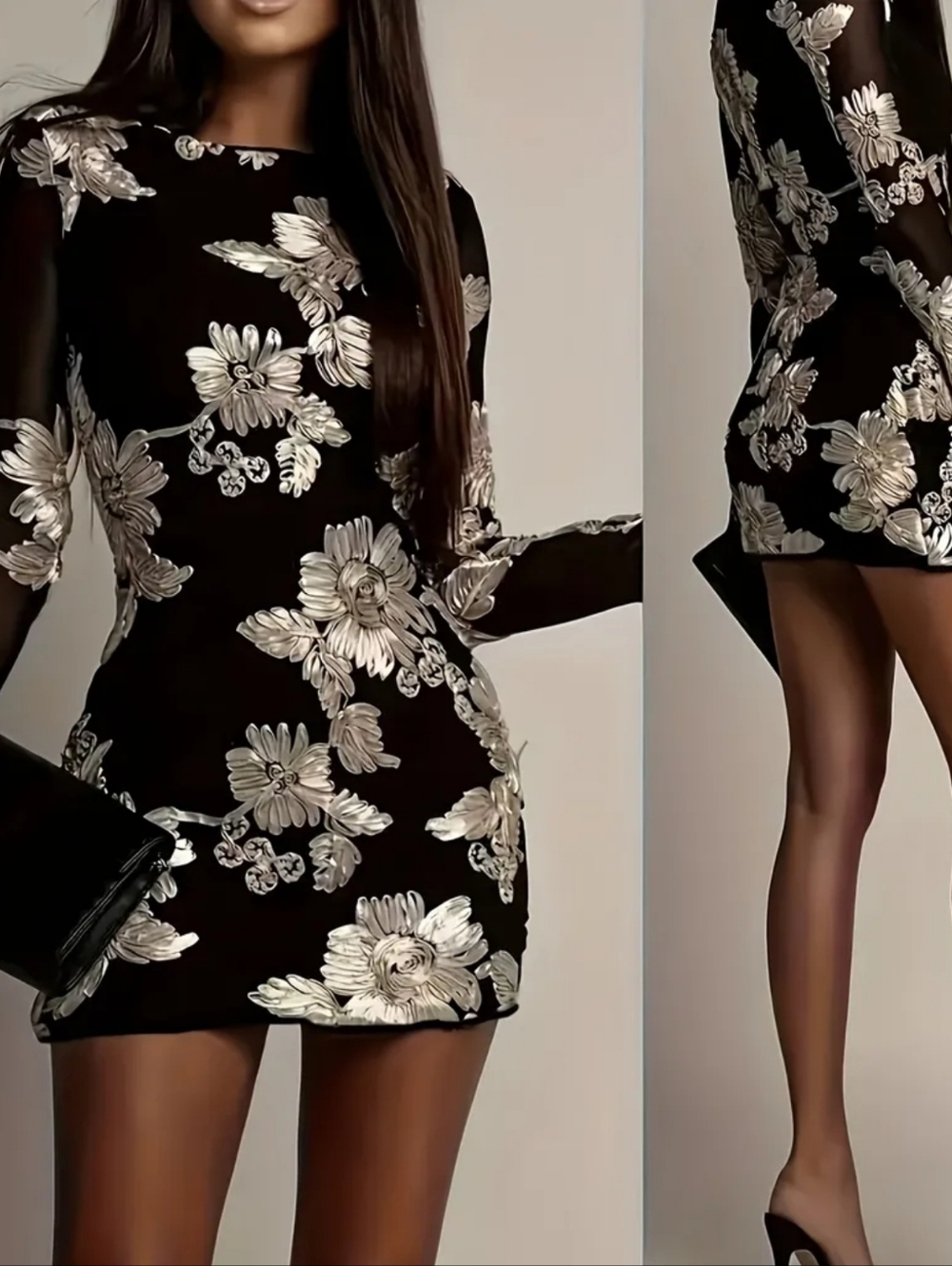 Sequined Crew Neck Dress, Elegant Long Sleeve Bodycon Dress for Party & Banquet,